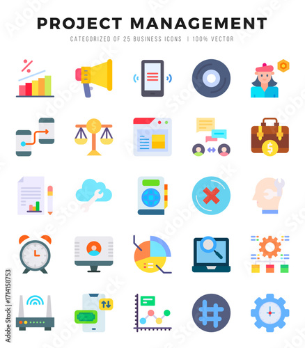Project Management Icons Pack Flat Style. Vector illustration.