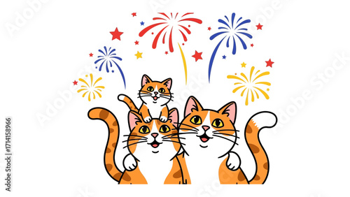 Festive Feline Friends: A cartoon illustration of three joyful cats celebrating with fireworks and starbursts, capturing a moment of playful camaraderie.