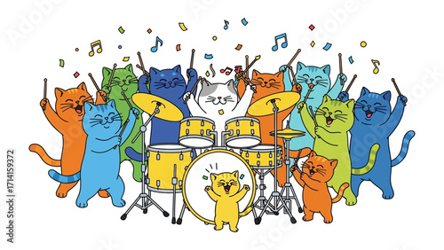 Cat Band Performing: A cartoon illustration of a lively cat band playing instruments, the image captures energy of the performance