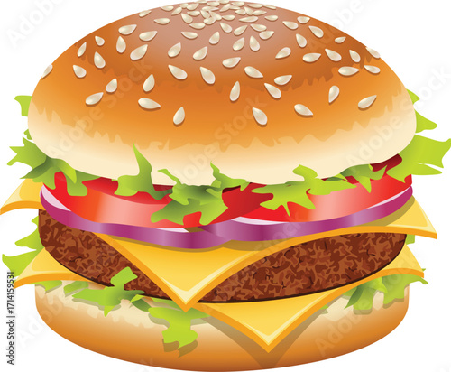Hamburger with cheese lettuce and tomato on white background