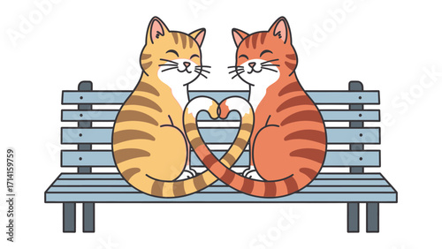 Kitty Love: Two adorable feline companions share a tender moment of affection on a park bench. The intertwined tails of the cats form a heartwarming symbol of love and companionship.