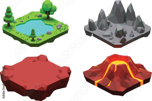 Isometric landscape illustration, cartoon terrain, mountain rocks, green forest, water pond, desert land, lava volcano, game assets, 3D design