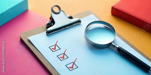 Colorful clipboard with checklist & magnifying glass on lively background, find, details