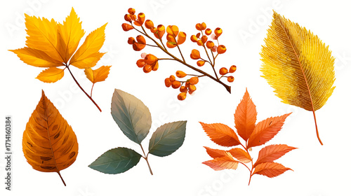 Victor cartoon vintage botanical autumn leaves illustration, element set on white background, showcasing warm earthy tones, intricate hand-drawn details, delicate textures, perfect for seasonal design