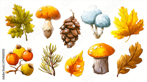 Victor cartoon vintage botanical autumn leaves illustration, element set on white background, showcasing warm earthy tones, intricate hand-drawn details, delicate textures, perfect for seasonal design
