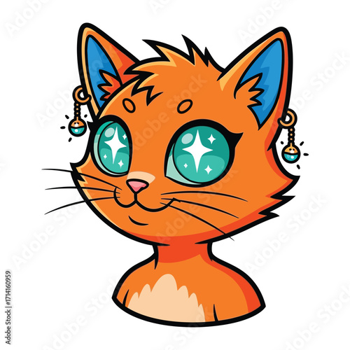 Whimsical Cat Portrait: A vibrantly illustrated orange cat with turquoise eyes, adorned with jeweled earrings, radiating charm and fantasy. 
