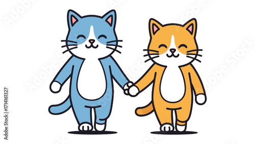 Cute Kitten Companions: Two charming cartoon kittens, one blue and one orange, stand side-by-side, holding hands. They emanate a sense of friendship, love, and the innocent bond of companionship. 