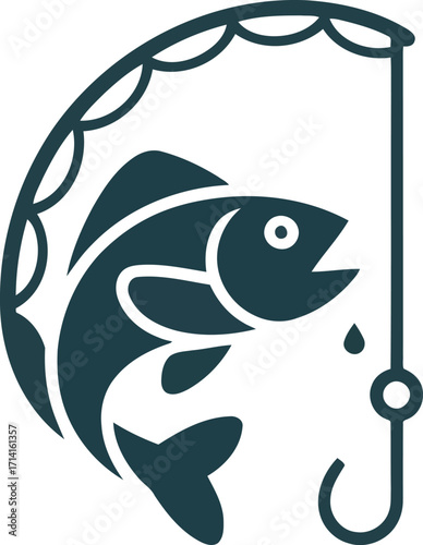 Stylized silhouette of a fish caught on a fishing hook with a rod above