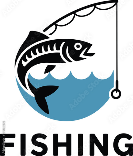 Dynamic illustration of a leaping fish caught on a fishing rod over stylized blue water with the word fishing