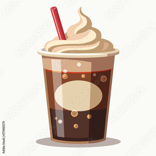Iced coffee drink with whipped cream and straw in a clear cup  