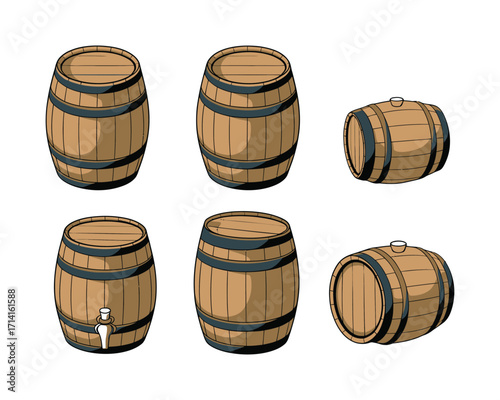 A detailed vector illustration of a collection of wooden barrels and casks in various positions, isolated on a white background for design