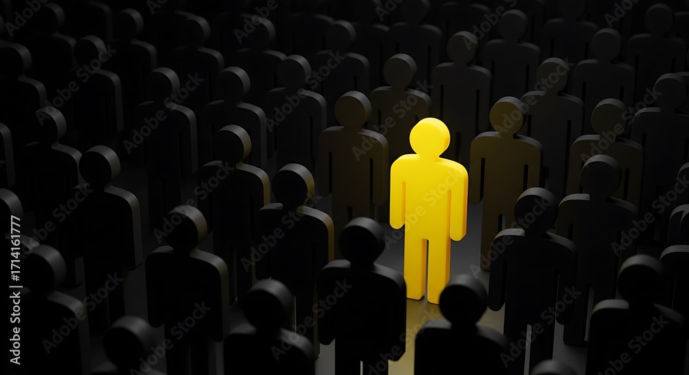 Fototapeta premium One bright yellow figure stands out amongst a crowd of dark silhouettes