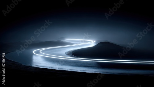 Winding road at night, lit by glowing white trails. Fog envelops the landscape