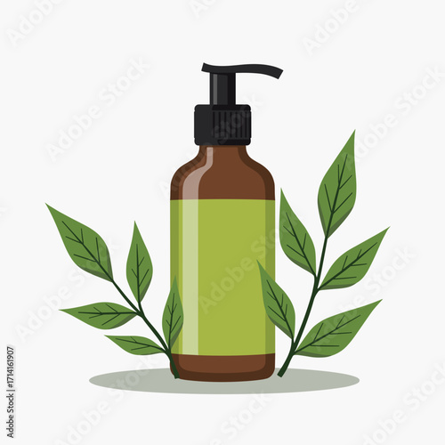Brown bottle of lotion with green label surrounded by leaves  