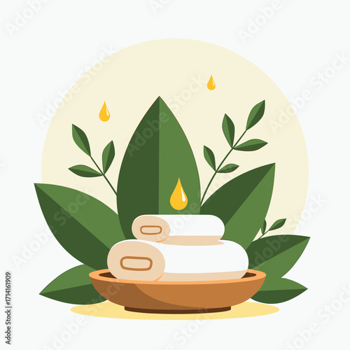 Spa essentials with towels and leaves in natural wellness concept  