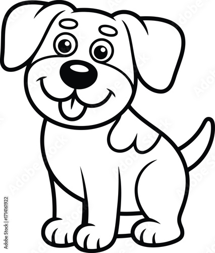 Cute happy cartoon puppy dog sitting with its tongue out and a big smile black and white illustration