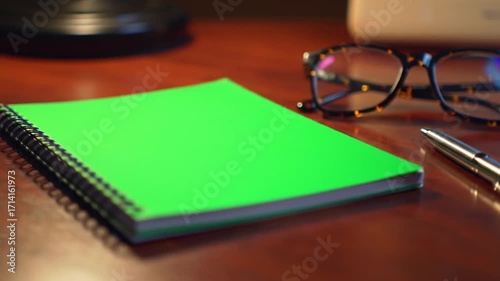 Bright Green Notebook on Desk with Glasses and Pen - Ready for Notes