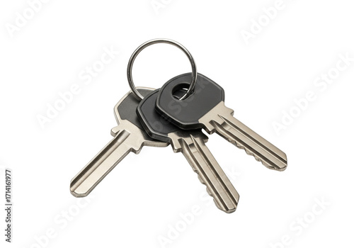 Φωτογραφία Isolated three house keys on keyring ready to open a door or provide access entr
