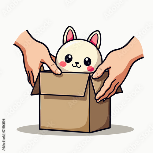 Hands unpacking cute bunny toy from cardboard box in playful style  