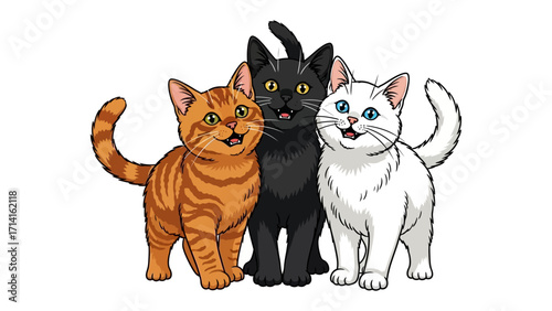 Feline Trio: A heartwarming illustration of three charming cats of different colors, radiating playful affection and joy. 