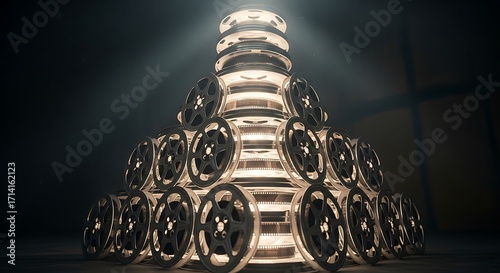 Dramatic pyramid structure formed by illuminated classic movie film reels glowing in a dark, atmospheric studio setting, symbolizing cinema history and vintage filmmaking.
