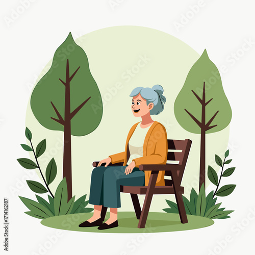 Senior woman relaxing on park bench, vector illustration, for websites and blogs