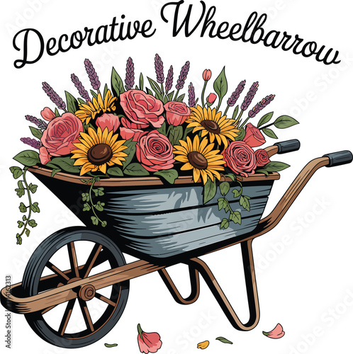 Artistic Wheelbarrow Filled with Flowers Vector Illustration for Garden and Landscape Designs