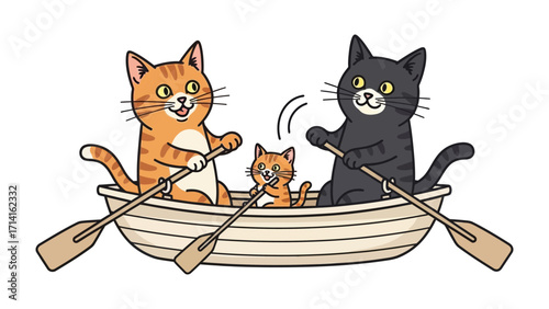 Cats in a Boat: A charming illustration of a family of cats rowing a boat on a serene day, portraying a whimsical adventure and the simple joys of togetherness. 