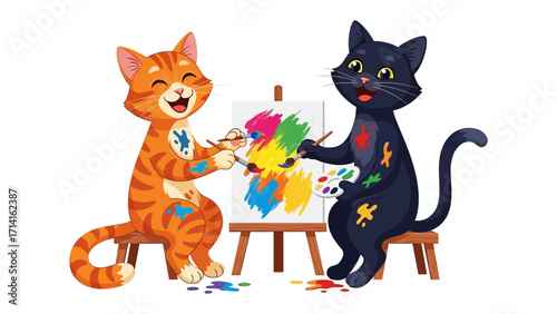Cats of the Canvas: Playful felines, a ginger tabby and a sleek black cat, collaborate, creating vibrant artwork together in a lively studio setting.
