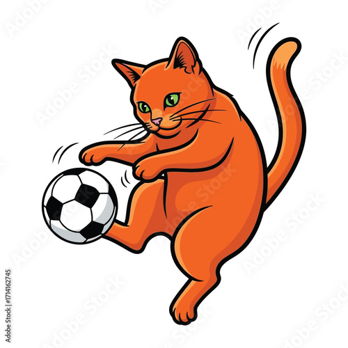 Playful Feline Athlete: A vibrant cartoon illustration of a ginger cat joyfully kicking a soccer ball, radiating energy and fun.