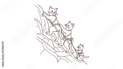 Purr-fect Ascent: Three cartoon cats work together to scale a rock face. Each cat demonstrates courage and determination.