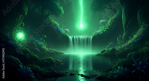 Enchanted Waterfall: A Mystical Green Oasis in the Forest.