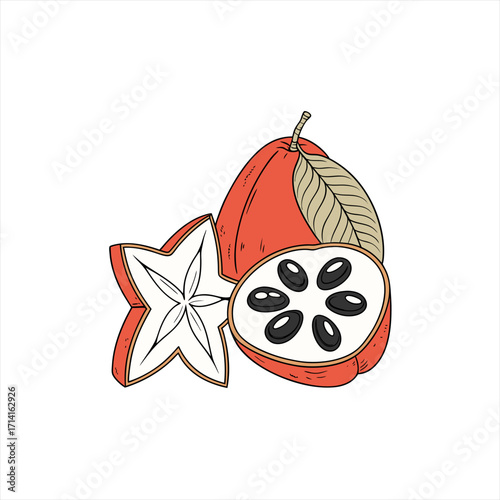 Illustration of a whole star fruit and a sliced custard apple with seeds