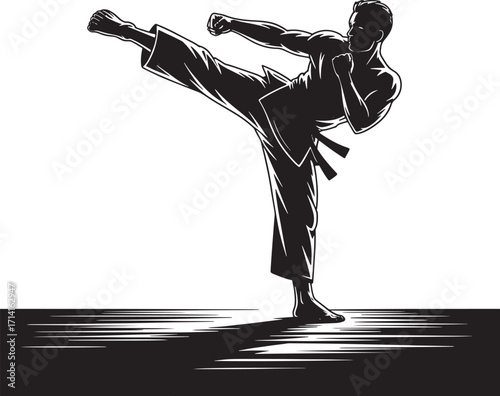 Dynamic Silhouette of a Martial Artist Performing a High Kick in a Powerful Action Stance