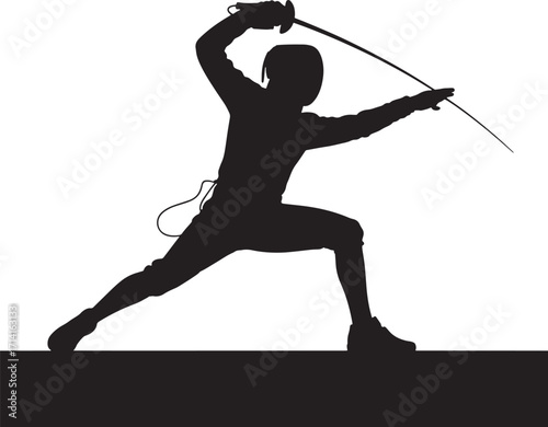 Fencer Silhouette in Action with Foil Extended in a Competitive Duel on Transparent Backdrop