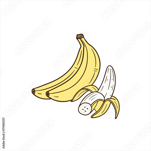 Hand drawn illustration of a bunch of yellow bananas with one peeled banana