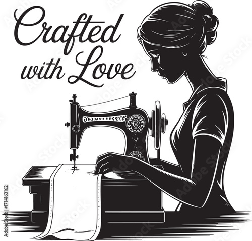 Silhouette of a Seamstress at Her Sewing Machine with 'Crafted with Care' Text Overlay Design Element