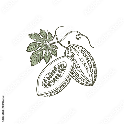 Bitter melon fruit and leaf illustration on white background