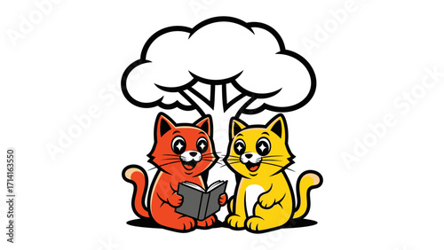 Literate Kitties' Literary Leisure: Two playful cartoon kittens, vibrant in color and full of charm, sharing the quiet joy of reading a book under the nurturing shade of a stylized tree.