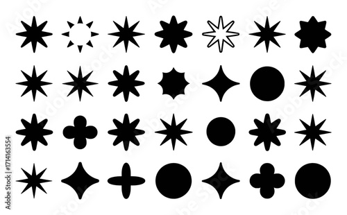 Collection of Black Geometric Shapes and Stars on White Background
