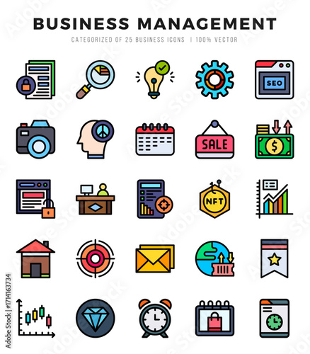 Set of Business Management icons in Lineal Color style. Lineal Color Icons symbol collection.