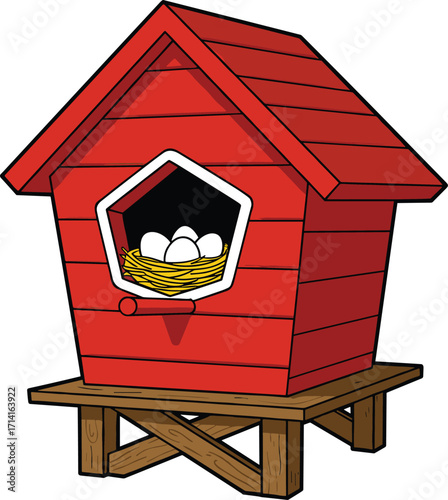 Red chicken coop, wooden birdhouse, nesting box with eggs, poultry farm shelter, countryside house design, agriculture illustration, farm animal home