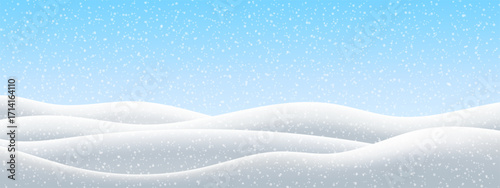 Peaceful winter landscape background with rolling snowdrifts and falling snow. Stylized illustration is perfect for winter themes