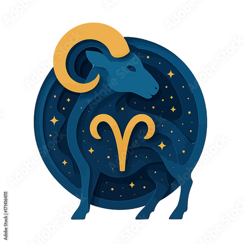 Elegant aries zodiac design in modern paper cut style with starry night motif