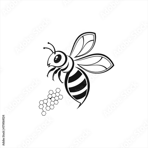 Stylized black and white bee with honeycomb illustration