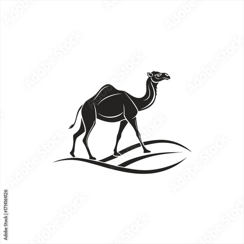 Stylized black silhouette of a camel walking on sand dunes
