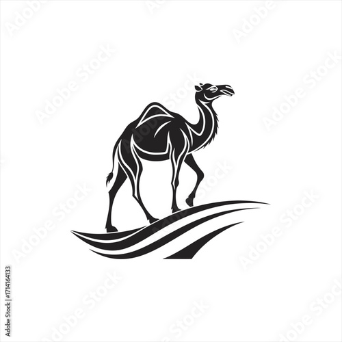 Stylized black camel walking across abstract desert landscape