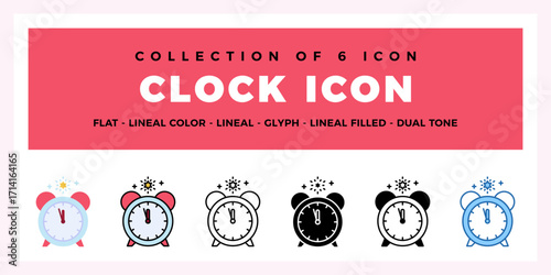 Collection of 6 Clock Icons Flat. Lineal. Glyph Styles
