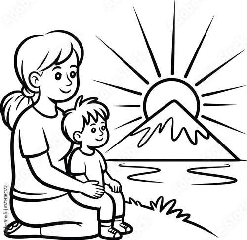 Mother and child watching the sunrise over a majestic mountain with radiating sunbeams