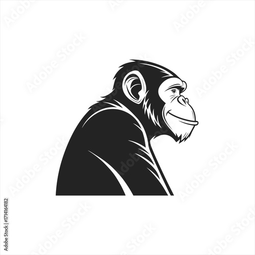 Stylized black and white illustration of a chimpanzee profile